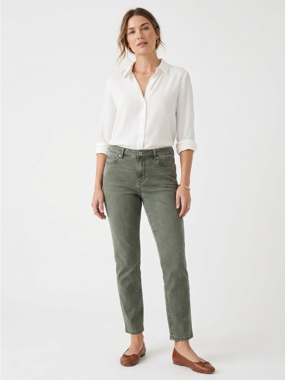 J.Jill Authentic Fit Slim Ankle Denim Olive Green Cotton Rayon Stretch 12 Petite